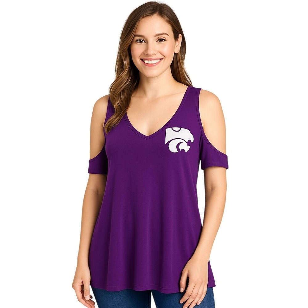 Venley Womens Kansas State Wildcats Purple Cold Shoulder Top Size S New Gameday‎
